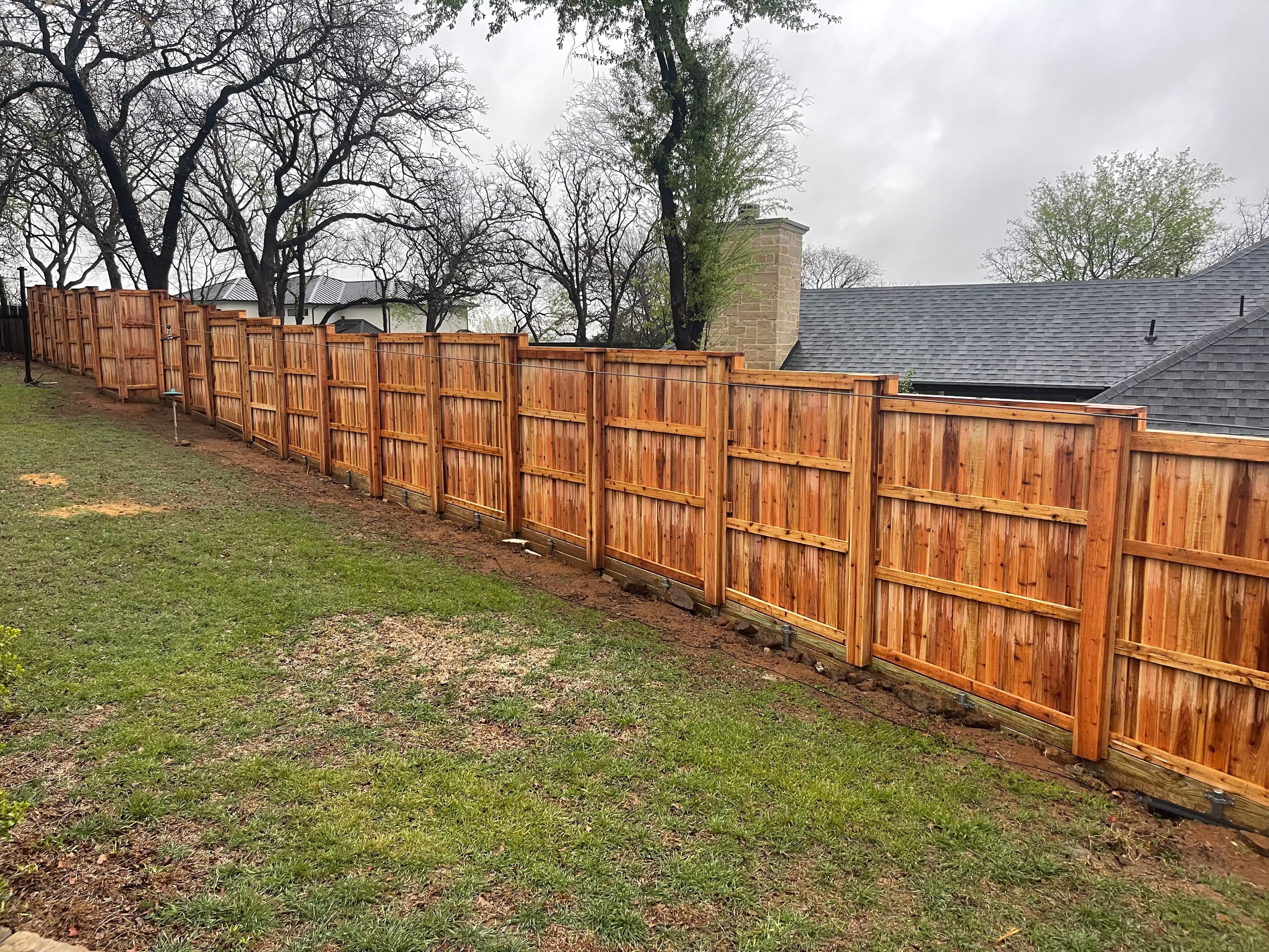 Cedar privacy fence with rich stain along property line